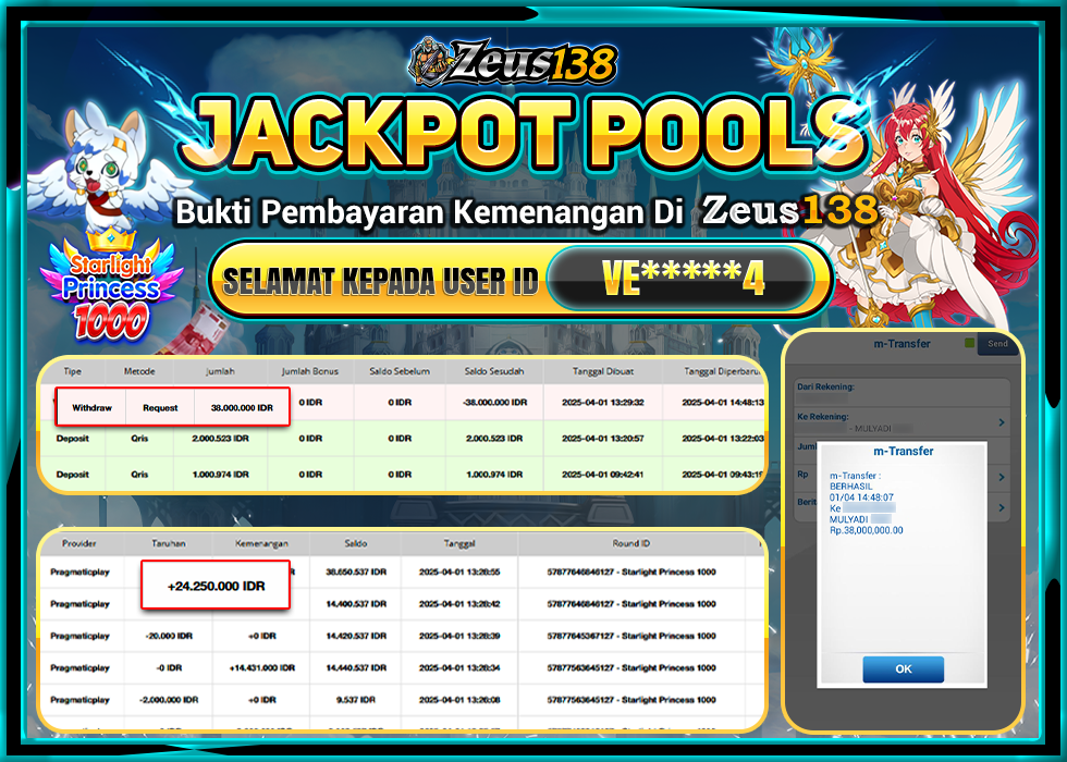 ZEUS138 JACKPOT STARLIGHT PRINCESS 1000 Rp.38.000.000,- 
